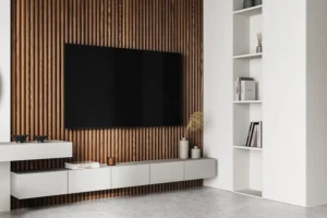 Ein modernes Wohnzimmer mit einem an der Wand montierten Flachbildfernseher an einer Akzentwand aus Holzlatten, einem weißen Schwebeschrank darunter, dekorativen Vasen und einem offenen weißen Regal mit Büchern und Dekoration auf der rechten Seite.