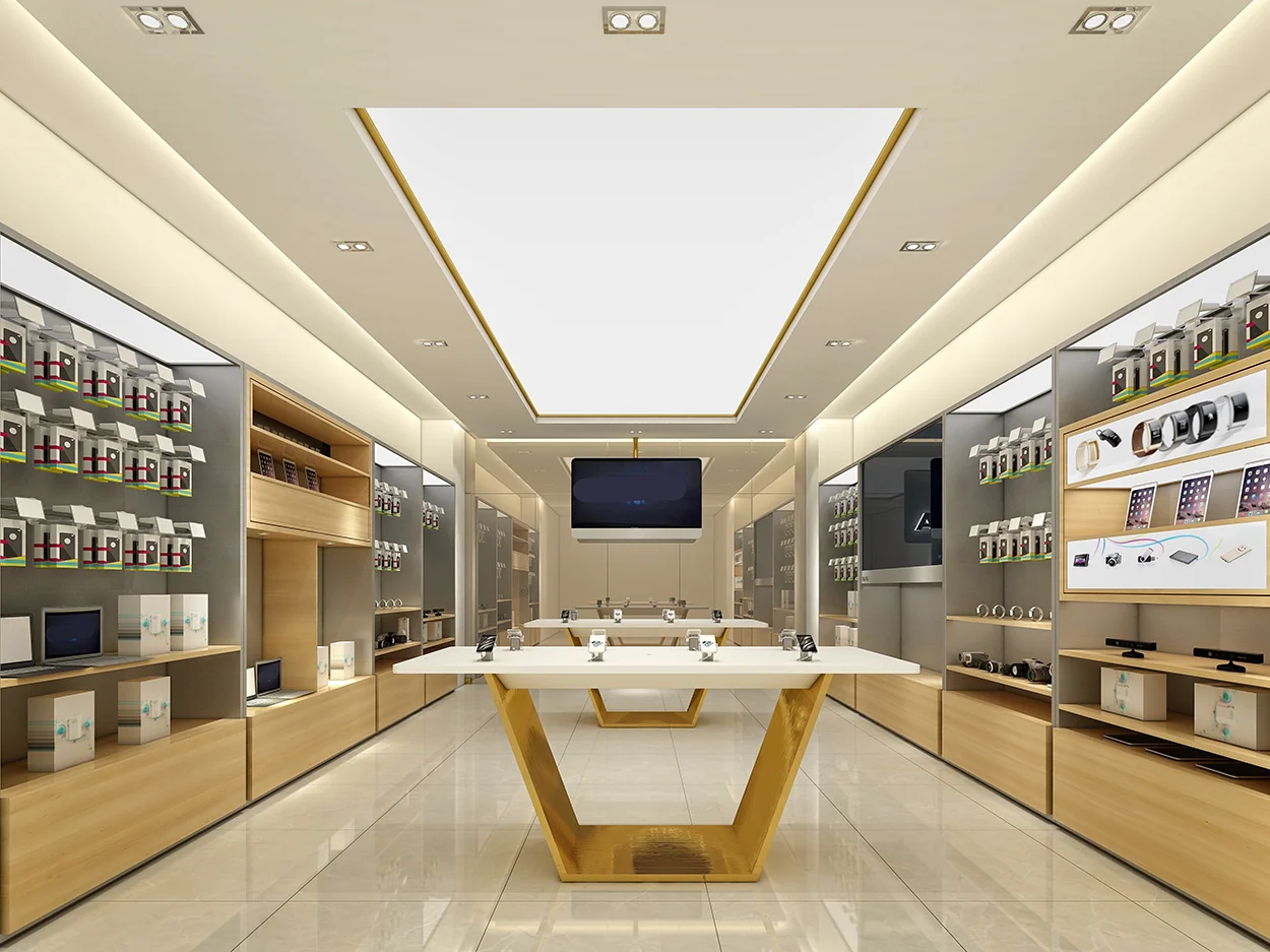 Ansicht eines Geschäftsraums in Köln mit verschiedenen elektronischen Geräten. Der Innausbau ist eine Maßanfertigung der Schreinerei Reinehr aus Aachen.